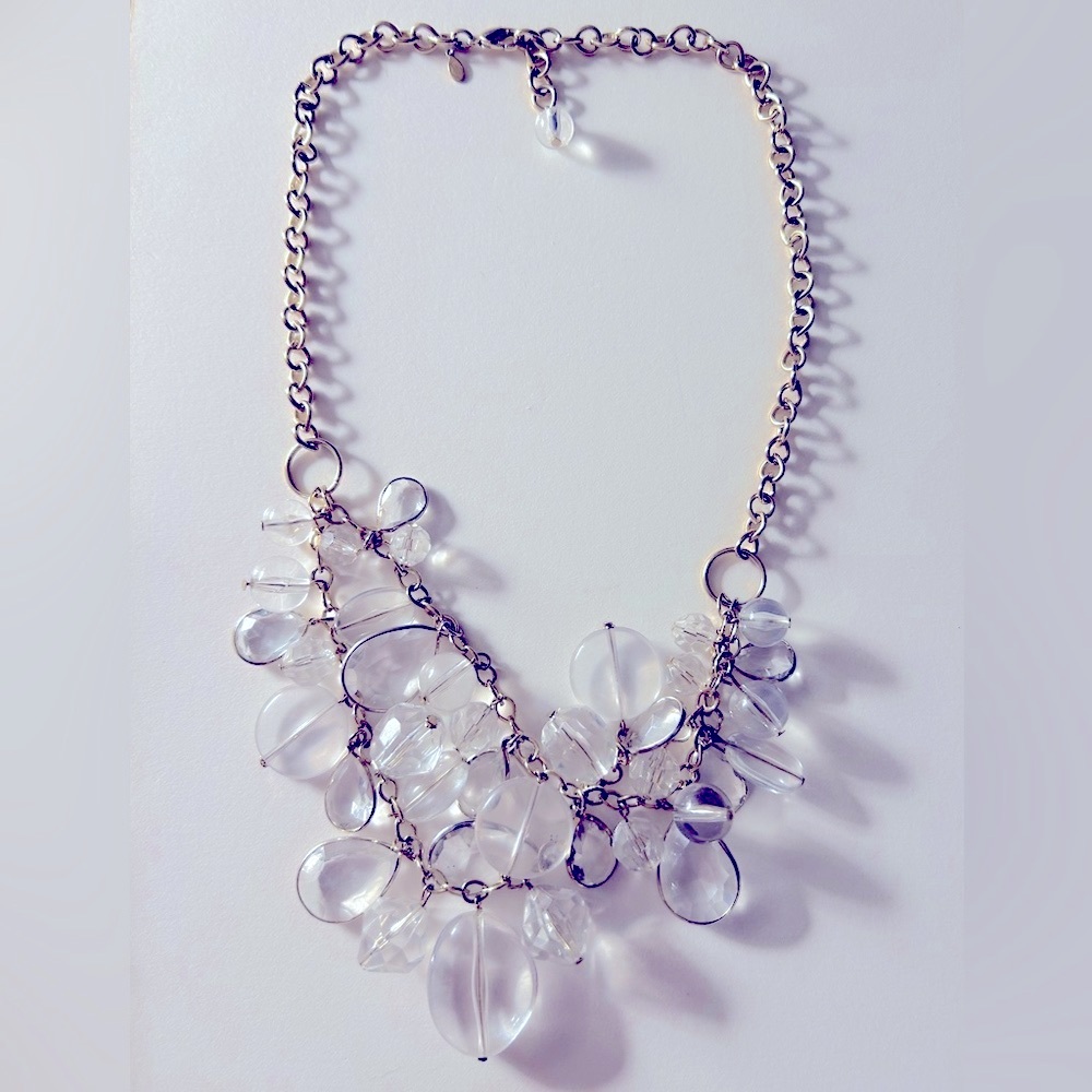 Necklace chunky Acrylic crystals of different shapes, gold 2-strand, 23” longest